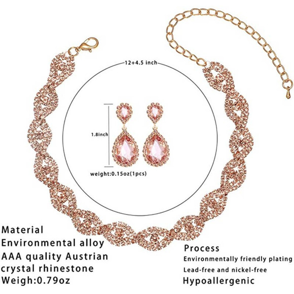 Crystal Necklace Bridal Set Rhinestone Necklace Bracelet Earring Peach - Picture 4 of 5